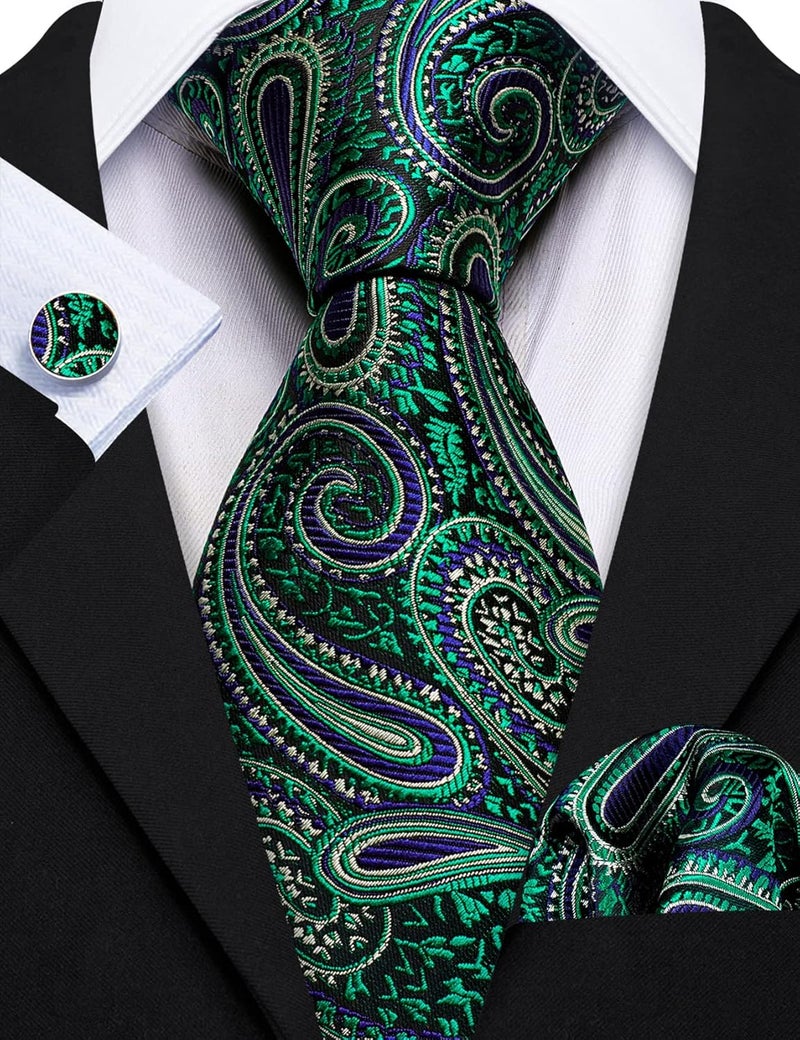 Barry.Wang Store Men Ties Paisley Woven Silk Necktie Set with Pocket Suqare Cufflinks Formal - Image 2